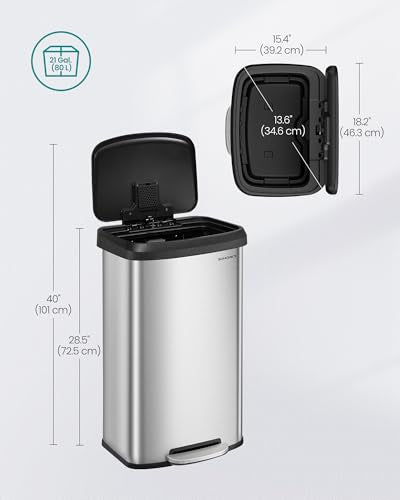 SONGMICS Kitchen Trash Can, 21 Gallon (80 L) Stainless Steel Garbage Can, with Stay-Open Lid and Step-on Pedal, Soft Closure, Tall, Large and Space-Saving, Silver and Black ULTB534E01 - color: Silver + Black, style: 21 Gallons