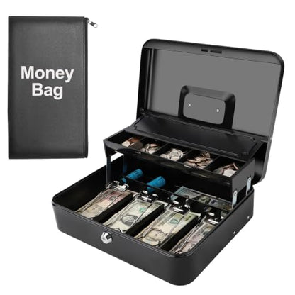 Cash Box with Key Lock – 0.7mm Steel Cash Drawer with Money Bag & Auto-Pop Coin Tray, 4 Upgraded Finger-Safe Bill Clips, Portable Register for Vendors, Business & Home, 11.8" x 9.5" x 3.5", Black-2 - color: Black-2