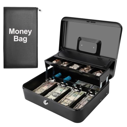 Cash Box with Key Lock – 0.7mm Steel Cash Drawer with Money Bag & Auto-Pop Coin Tray, 4 Upgraded Finger-Safe Bill Clips, Portable Register for Vendors, Business & Home, 11.8" x 9.5" x 3.5", Black-2 - color: Black-2