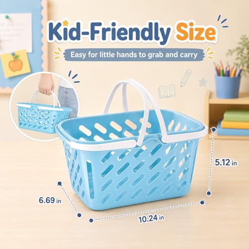 NUOBESTY 1Pc Shopping Basket Toy, Mini Grocery Bin with Handles Kids Pretend Play Blue Plastic Basket for Role Play, Toy Storage, Party Favors (10.24 x 6.69 x 5.12 in)