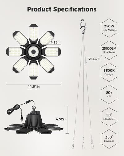 4 Pack Plug in Garage Light, 25000LM LED Shop Light 6500K Bay Lighting