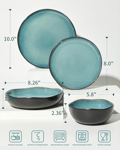 Pokini Stoneware Dinnerware Sets for 4, 16Pcs Ceramic Plates and Bowls Sets - color: Green Black, size: Set (16pcs)