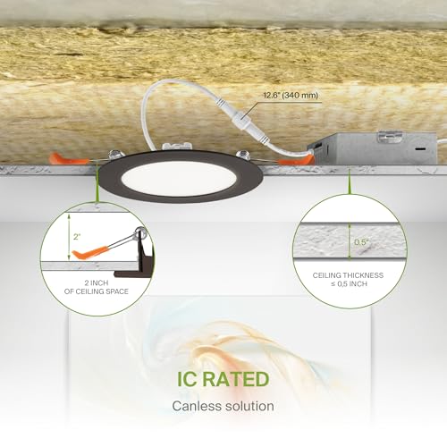 ASD 6 Pack LED Recessed Lighting 4 Inch 9W, 5 CCT 2700K-5000K CRI90+, IC Rated Ultra Thin Dimmable Ceiling Lights with J Box, Canless Wafer Downlight, Round Slim Panel Light, Energy Star ETL, Bronze - color: Bronze, size: 4 Inch 6 Pack