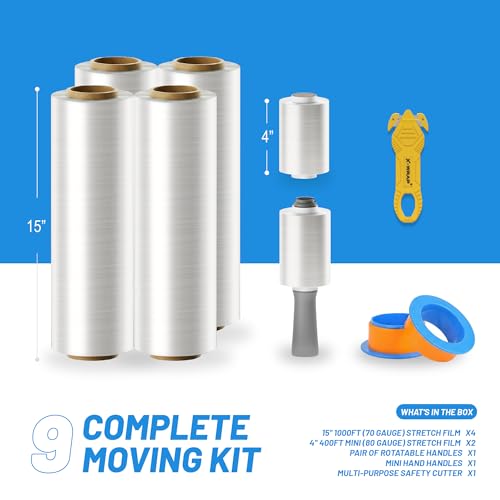 PRO 1000 Stretch Wrap for Furniture Wrapping & Moving, 15 Inch x 1000 Ft 70 Gauge with Rotating Handles, 4 Rolls + Bonus 4 Inch Mini Rolls & Safety Cutter, Heavy Duty Pallet Wrap Kit - size: 1000 ft