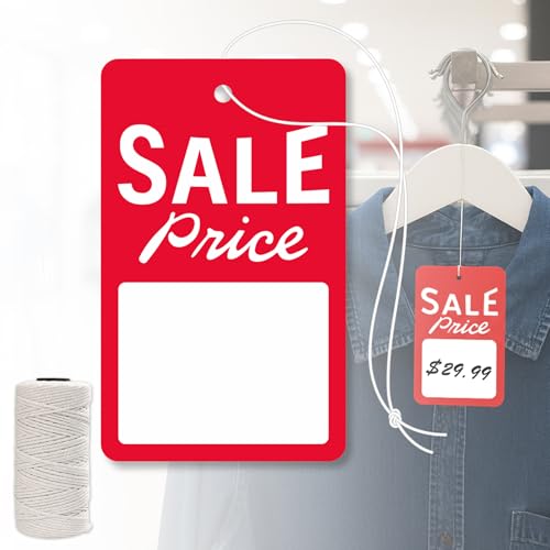 Sale Price Tags with String Attached - Supermarket Pricemarker Labels Supplies for Clothing, Shoes, Snacks with 30M Twines, 5" Lx3“W,100 Pcs (B) - style: B