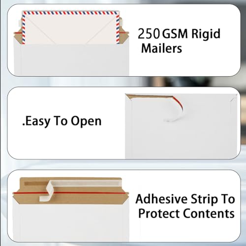 QTLCOHD 100Pcs 9 x 12 Inch Rigid Mailers Stay Flat Photo Document Mailer Self Seal Cardboard Envelops Mailers White Paper Mailer for CD, Photo, Picture, Letter - size: 9x12