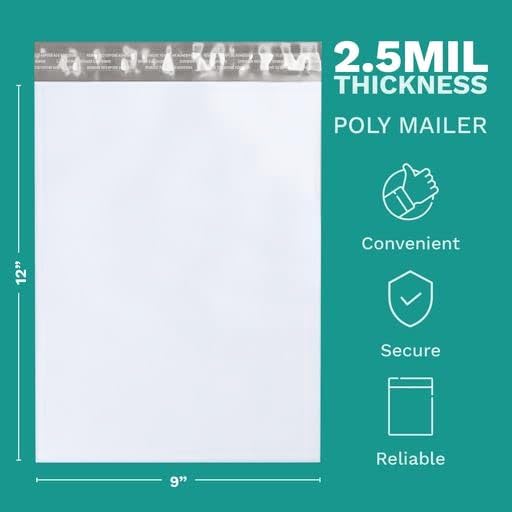 9" x 12" Poly Mailers, 500 Pack, 2.5 Mil, White Self Seal Waterproof, GPI - size: 9" x 12"