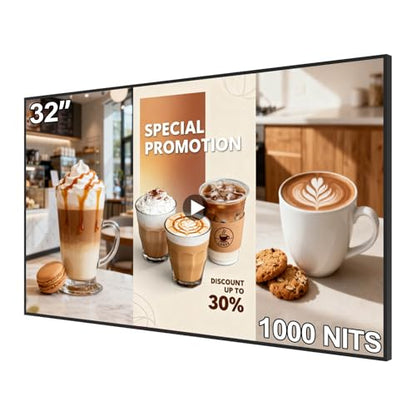 32Inch Wall Mount Digital Signage, 1000nits High Brightness Slim Frameless Advertising Display, Touchscreen Commerical Display LCD Monitor with CMS/U-Disk Plug&Play, Split Screen, 7/24 Timer switch
