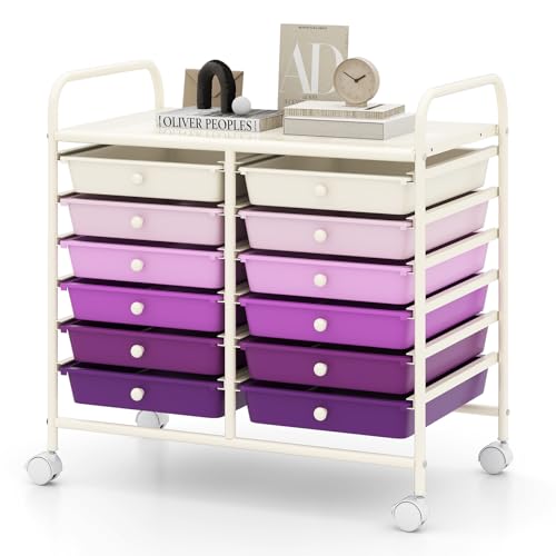 RELAX4LIFE 12-Drawer Rolling Storage Cart - Mobile Utility Cart on Wheels for School Classroom Teacher Office Salon, Paper File Art Supply Craft Organizer, Rolling Cart with Drawers (Gradient Purple) - color: Gradient Purple, size: 24.5''
