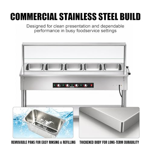 Steam Table, Commercial Food Warmer, 100QT 5-Pan, Dry Heat, Removable Work Table, Shield, 5 Independent Temperature Controls & Even Warming, 110V–120V, Undershelf & Locking Wheels - size: Dry Heat --100QT (110-120V)