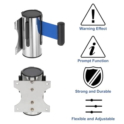 MECCANIXITY Wall Mount Retractable Belt Barrier 6.56ft Crowd Control Belts - color: Silver/Blue, size: 6.56 ft