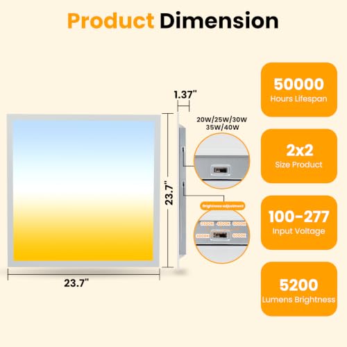 1 Pack 2x2 LED Flat Panel Light, 5CCT Selectable,0-10V Dimmable, 5200LM/40W - color: 1 Pack, size: 2-foot X 2-foot