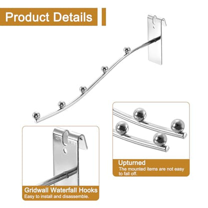 uxcell 10Pcs 8" Gridwall Waterfall Hooks, 5 Ball Metal Display Hangers, Wire Grid Wall Accessories for Home, Clothing Retail Shop, Silver