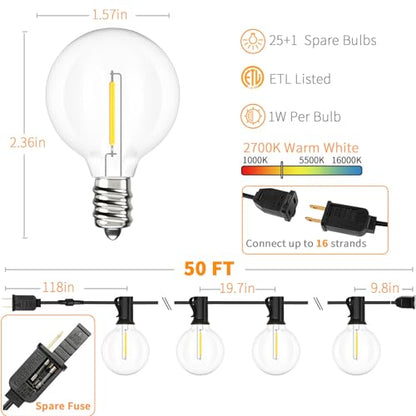 Svater Outdoor String Lights LED 50 FT G40 26 Bulbs Waterproof for Patio - size: 50FT