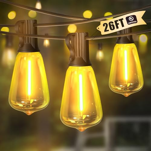 LAMPHOME 26Ft ST38 Outdoor String Lights, Yellow Patio Lights with 12+1 ST38 Edison Bulbs, LED Shatterproof String Lights for Outside Bistro Christmas Patio Party Decorations - color: Yellow, size: 26FT