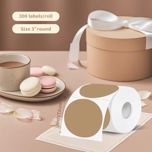Thermal Label,3 Inch Brown Round Thermal Printer Sticker,Self-Adhesive Round Direct Thermal Labels,Thermal Stickers for DIY Logo Design,Name Tag (300 Labels/1 Roll) - color: Brown, size: 3 inches