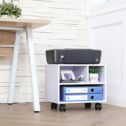 FITUEYES Printer Stand Under Desk, Small Wood Mobile Printer Table, White - color: White