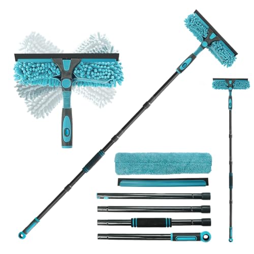 Buysenton Professional 2-in-1 Window Squeegee Cleaner Tool with 62" Extension Pole, Rotatable Bendable Head & Scrubber, Car Glass Cleaning Kit for Windows, Shower, Gas Station - 1 Blade 2 Scrubber