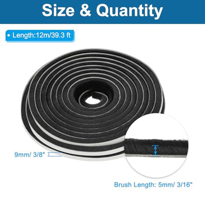 PATIKIL Weather Stripping Brush 3/8 Inchx3/16 Inchx39.3 Ft Self Adhesive - color: Black, size: 3/8 Inch x 3/16 Inch x 39.3 Ft