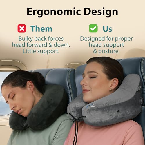 FLOWZOOM Air Inflatable Neck Pillow for Traveling on Plane - H-Shape Hooded Travel Pillow with 5 Snooze Modes, Fast Inflation, Pressure Control, Cozy Clip-On Hood & Plushy Cover - Size L, Silver Gray - color: Silver Gray