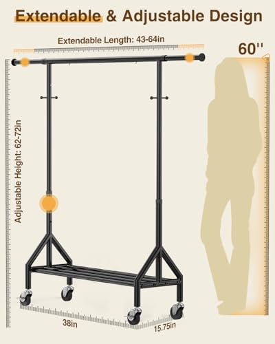 Heavy Duty Clothes Rack Load 520LBS, Adjustable Rolling Clothing Rack with Sturdy Wheel, Metal Industrial Closet Garment Racks for Hanging Clothes Coat, Portable for Bedroom, Laundry Living Room - color: Black, style: 1 Single Rod