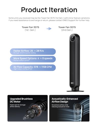 DREO Smart Tower Fan for Bedroom, 28ft/s Velocity, 8 Speeds Ultra Quiet Fan - color: Pure Black, size: 36 inch