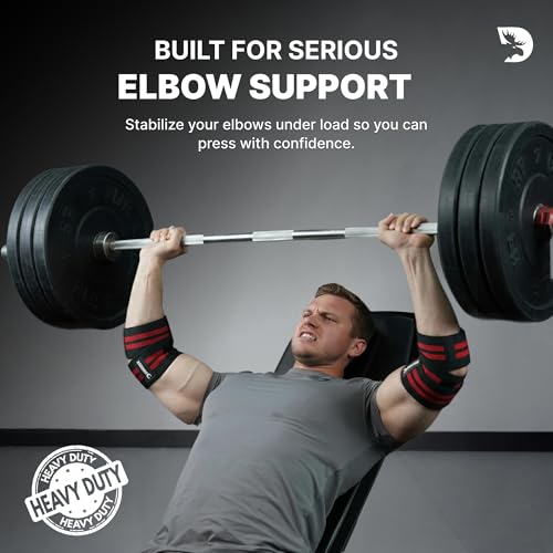 DMoose Elbow Wraps for Weightlifting Men & Women (Pair) - 40'' Adjustable Elbow Strap for Gym Workout & Bench Press, Compression Support Wrap for Tendonitis, Joint Support, Power Lifting & Deadlifts - color: Red