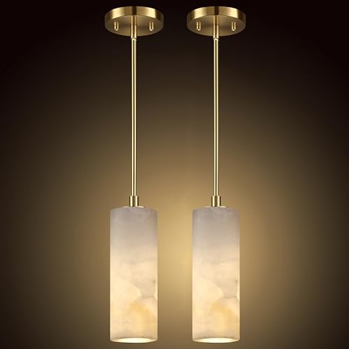 2 Pack 1 Light Hanging Natural Polyhedral Alabaster Marble Pendant Ceiling Light Fixture,Modern Industrial Farmhouse Kitchen Island Light Gold Finish Over Sink Restaurant bar Corridor - color: Gold 3.6" Polyhedral Marble, size: 2 Pack