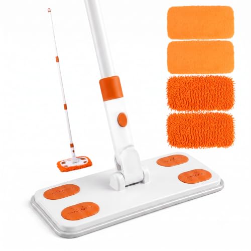 Microfiber Wet Dry Floor Mop, 4 Reusable Pads, 360° Swivel, 52" Handle - color: Orange