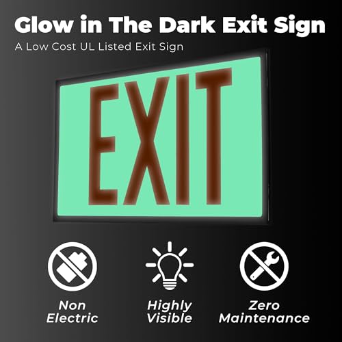 LFI Lights® UL 924 Listed 50' Photoluminescent Exit Sign, Red Letters, Black Frame, Rigid Plastic, Single-Sided, Wall Mount, Optional Arrows, Glow in the Dark, No Power or Battery Needed, PA1R50 - color: 1 Red