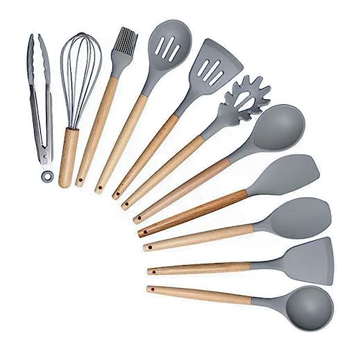 Kitchen Cooking Utensils and Knife Set with Holder Block, 19 Pieces Cooks Cutting Set 11 Pcs Silicone Cooking Utensils Sharp Stainless Steel Knives Scissors Whisk Tongs and Cutting Board (Grey) - color: Gray