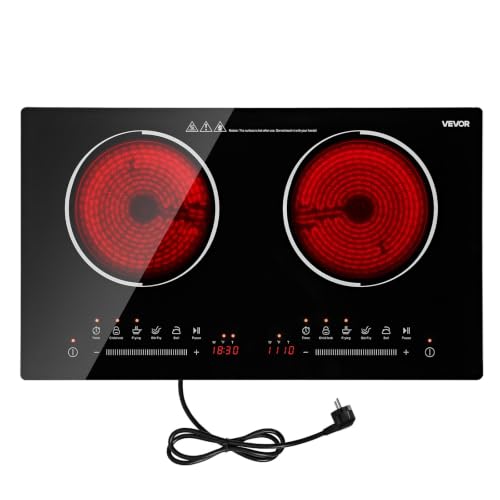 VEVOR 24in 2-Burner Electric Cooktop Built-in Stove Top, Touch Control, 9 Levels, Timer, Child Lock, Single-Ring Ceramic, Portable/Built-in, 110V 1800W US Plug - size: 24 IN+2 Burner+Touch