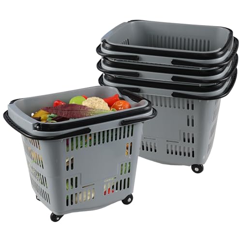 Teyyvn 4 PCS 50L Plastic Rolling Shopping Basket with Handle, Gray