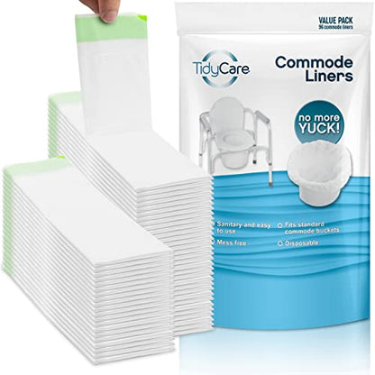 TidyCare Bedside Commode Liners for Portable Toilet Chair Bucket and Bedpan | Value Pack of 96 Disposable Waste Bags for Adults in Medical Care | Universal Fit Portable Toilet Liners - size: 1 Count (Pack of 96)