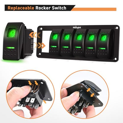 Nilight 6 Gang Rocker Switch Panel SPST On Off 5PIN Electrical Toggle Green - color: Green, size: 6 Gang