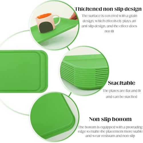 Fast Food Tray,12 Pack Plastic Serving Tray, Restaurant & Cafeteria Tray for Kitchen, Coffee Table, Party, Durable Non-Slip Black Food Trays, Reusable & Stackable,13.8x10.5 Inch (Green)