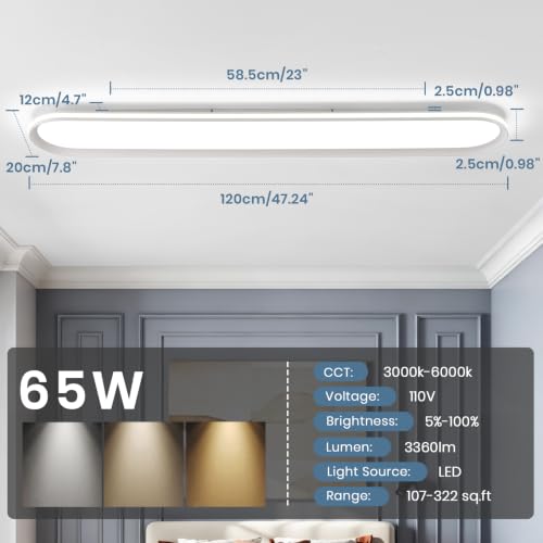 ADISUN Modern LED Ceiling Light Dimmable Linear Ceiling Light 47in Semi Flush Mount Long Lights with Remote Control and Side Lighting for Living Room Kitchen Dining Room - color: White-1Pack, size: 47 Inch