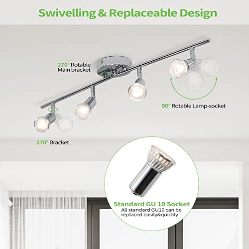 Qcyuui Modern 4-Light Track Lighting Kit, Flush Mount Wall/Ceiling Spot Lights Fixture, LED Track Lighting with Chrome Rotatable Light Head for Kitchen Living Room, 4×GU10 Bulb (Included) - color: Chrome