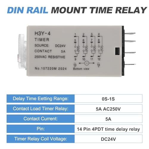 MECCANIXITY DC24V Timer Relay, 4PDT Time Relay Timing Delay ON Time 14 Pin 0S-1S Knob Control, H3Y-4