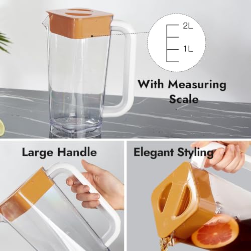 CURTA 2 Pack Plastic Pitcher with Lid, 2L Heavy-Duty Shatterproof Pitchers Clear Water Pitcher with Handle for Lemonade, Coffee,Iced Tea, Milk, Juice, Beverages - color: White & Brown