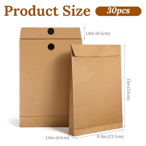 30 Pcs Expandable Large Envelopes, 9.3" x 13" Big Mailing Envelopes Hook-and-Loop Closure Anti Tear Catalog Envelopes Vanilla Envelopes for Business Office Paper Documents File Storage, Brown