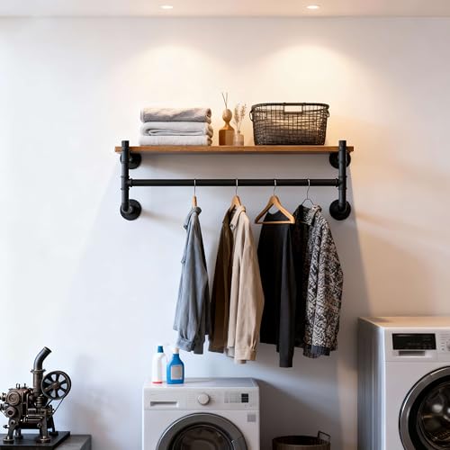 WEBI Wall Mounted Clothes Rack with Shelf,30" Industrial Pipe Clothing Rack with Shelf with Hanging Rod,Heavy Duty Iron Garment Rack Bar,Retail Display Clothes Rod for Laundry Room,Closet,Black - color: Black, size: 30 Inch