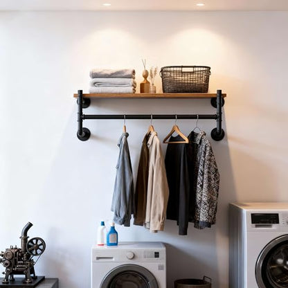 WEBI Wall Mounted Clothes Rack with Shelf,30" Industrial Pipe Clothing Rack with Shelf with Hanging Rod,Heavy Duty Iron Garment Rack Bar,Retail Display Clothes Rod for Laundry Room,Closet,Black - color: Black, size: 30 Inch