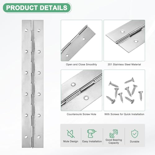 M METERXITY 2-Pack Piano Hinges, 12 Inch / 300mm Stainless Steel Continuous Piano Hinge with Holes and Screws for Cabinets Door/Storage Box [2X 0.04/ 50x 1mm Open Width Thick, Silver Tone] - color: Silver Tone, size: 12x2x0.04"