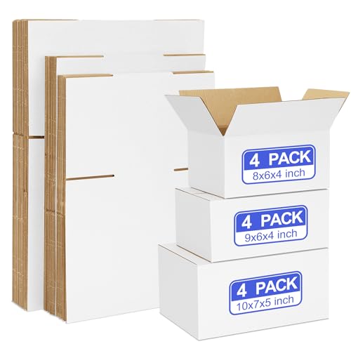 Eupako 12 Pack Small Shipping Boxes Assorted Sizes, 8x6x4 & 9x6x4 & 10x7x5 4 PCS Each Small Boxes, White Corrugated Box Mailers, Cardboard Boxes for Packaging Small Business, Mailing - size: 8x6x4 & 9x6x4 & 10x7x5 Inches