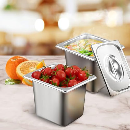 6 Pack Hotel Pans 1/6 Size 6" Deep Stainless Steel Steam Table Pan w/Lids - color: 1/6, size: 6'' Deep