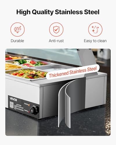 VEVOR Commercial Food Warmer, 1700W Electric Stainless Steel Steam Food Warmer with Glass Cover, 8-Pan Countertop Buffet Bain Marie with Soup & Perforated Ladles, for Catering, Restaurant & Party - size: 8x1/2Pan ;96QT