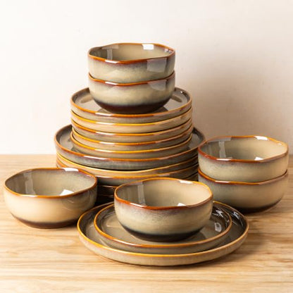 TheTerra Ceramic Dinnerware Set for 6, 18-Piece Plates and Bowls Set - color: Amber Brown, size: Set (18pcs)