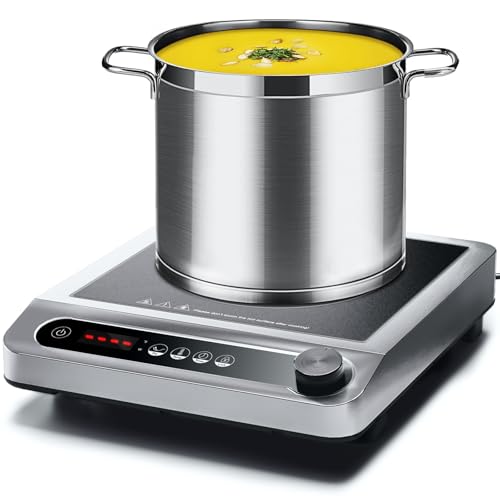 AMZCHEF Commercial Induction Cooktop, 1800W Countertop Burner with 18 Power&Temperature Setting, Double IGBT, Timer, Safety Function, Stainless steel Electric Hot Plate for Restaurant, Kitchen, Hotel