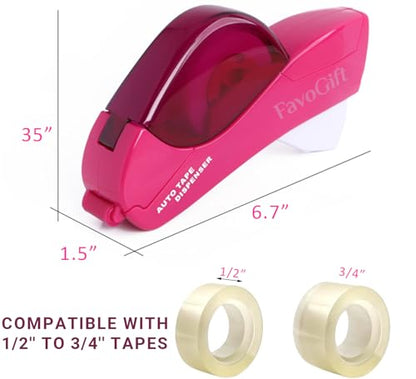 One-Handed Tape Dispenser Gun - Automatic Cutter for Gift Wrapping, Office & Crafts - Portable, Safe Hidden Blade, No Batteries - Fits 1/2" to 3/4" Tape (Include 1 Roll, Pink) - color: Pink